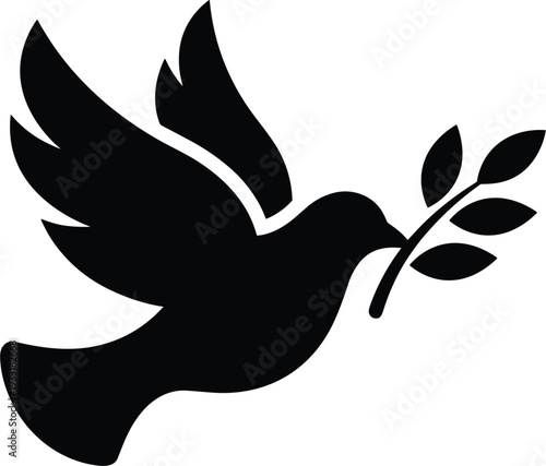 lack silhouette dove flying with olive branch symbolizing peace, hope and harmony vector illustration for religious, diplomatic and creative graphic