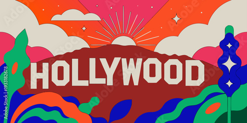 USA, US, U.S, United States - Hollywood California Sunrise – Vibrant Hillside Illustration with Sun Rays, Colorful Sky, Modern Geometric Art Style, and Iconic Landmark Design for Prints, Posters
