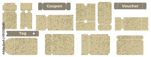Vintage ticket frame shape set. Perforated cardboard coupon fragments. Brown recycled paper texture with jagged edges. Label for voucher, cinema, tag, receipt. Vector design elements.