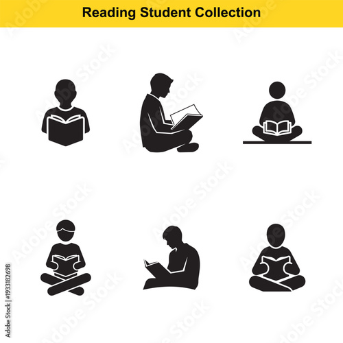 Group of six minimalist black silhouette figures depicting people deeply absorbed in reading books while sitting in various relaxed postures.