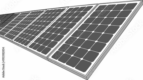 Photovoltaic solar panel with many dark gray solar cells on white background