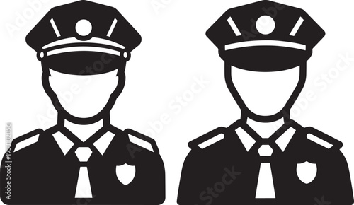 Police officer icons, black and white silhouette, representing law enforcement, security, and authority.