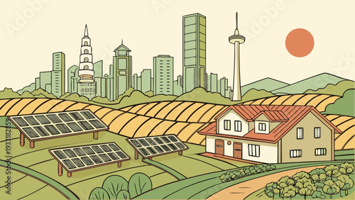 Sustainable suburban community with solar panels and city skyline in background green