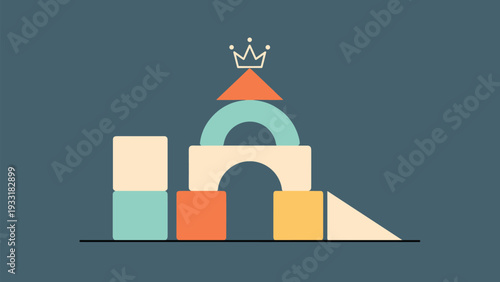 Colorful toy building blocks stacked to form a castle with a golden crown icon on top against a dark blue background.