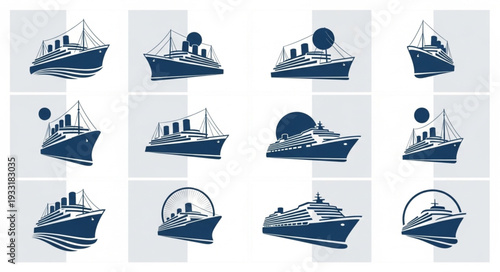 Collection of various detailed illustrations of different cruise ships sailing on the ocean.