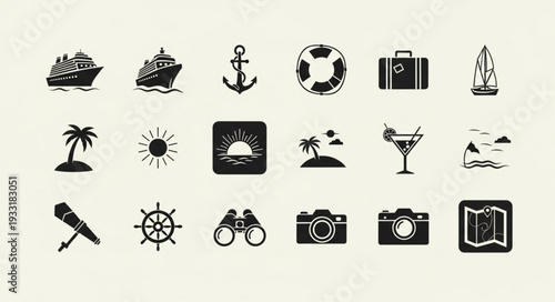 Collection of nautical and travel-themed icons in a vintage style, perfect for design.