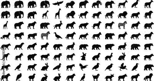 Huge wild animal silhouette collection featuring elephants giraffes lions bears and birds isolated on white background for nature and wildlife design.