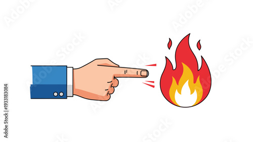 Warning illustration of a human hand pointing a finger towards a bright red and yellow flame symbolizing danger or heat.
