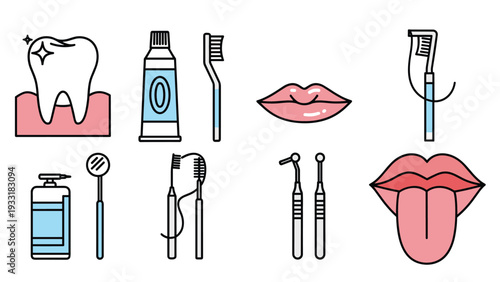 Colorful dental hygiene icon set including a healthy tooth, toothpaste, brush, mirror, and professional cleaning instruments.