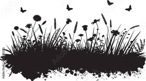 A striking black silhouette of wildflowers, grasses, and flying butterflies sits on a white backdrop