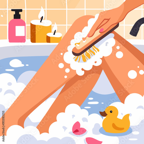 Flat vector leg shaving scene in bubble bath with razor, foam, candles, duck toy, and sink decor. Body care and grooming routine concept in a cozy bathroom interior.