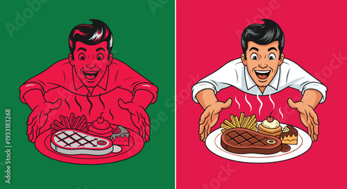 Hungry man with steak meal illustration, excited male character craving food cartoon flat vector pop art style