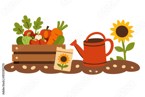 Wooden crate full of fresh vegetables with watering can, seed packet and sunflower on soil. Organic farming and home gardening concept, harvest, healthy food, eco lifestyle.
