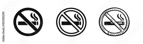 No Smoking Sign Icon Set: Solid, Outline, and Hand-Drawn Prohibited Symbol