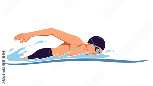 Male swimmer performing a freestyle stroke through blue water during a competition or regular fitness training session.