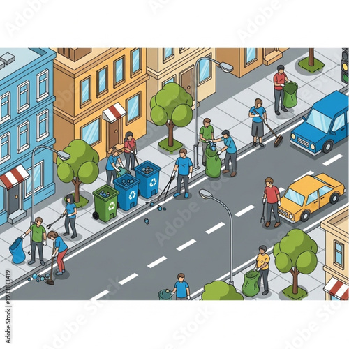 Community members engaging in street cleaning activity together.