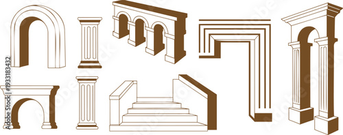 A collection of various brown outline illustrations depicting classic architectural elements including arches and columns