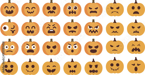 Collection of 30 different carved pumpkin faces for Halloween Keywords: halloween, pumpkins, jack
