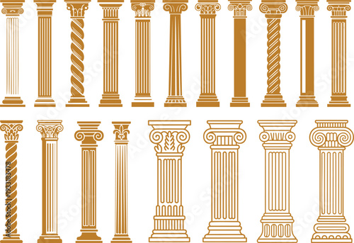A comprehensive collection of gold line art classical columns displays various decorative architectural styles