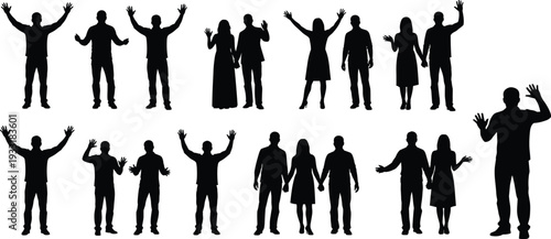 People waving hands silhouette collection, men women couples greeting gesture black vector illustration isolated set