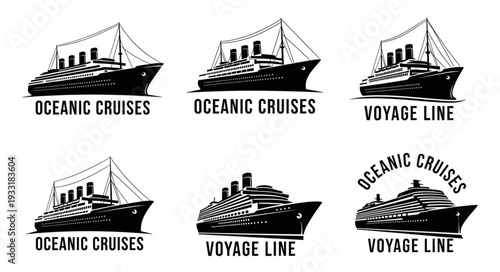 Vintage cruise ship logos showcasing oceanic travel and voyage lines for branding.