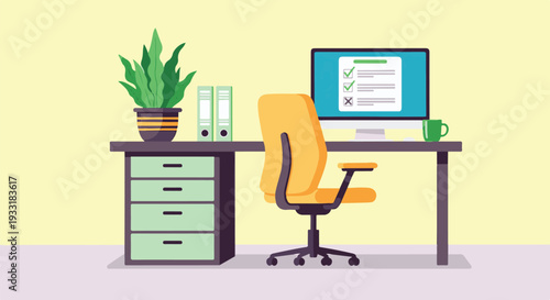 Modern home office desk with computer, plant, and chair for productivity