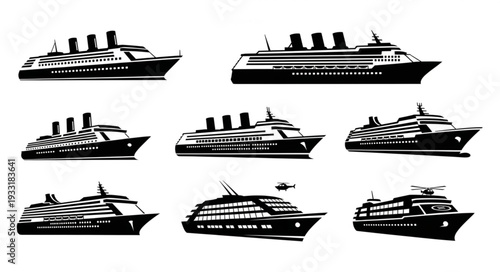 Collection of various cruise ships in black and white, perfect for travel concepts.