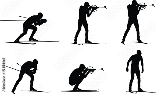 Biathlon athlete silhouette collection featuring skiing and shooting poses isolated on white background for winter sports competition and olympic themed designs.