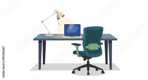 Modern Home Office Setup Illustration with Laptop, Desk, and Ergonomic Chair
