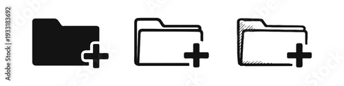 Add folder icons with a plus sign below, rendered in solid, outline, and hand-drawn doodle variations.