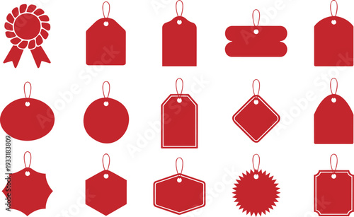 A collection of fifteen blank red price tags and labels with various shapes for retail promotion
