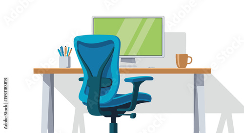 Modern office workspace with an ergonomic chair, computer, and desk supplies