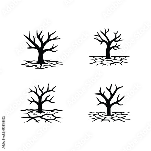 Four stylized bare trees on cracked earth, vector graphic icon set