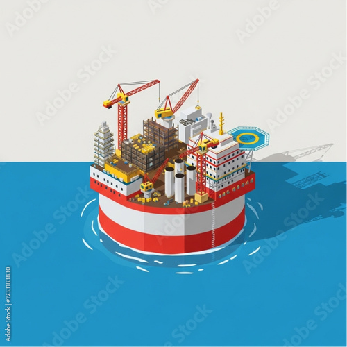 Offshore oil rig platform in the ocean with cranes and equipment.