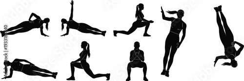 Woman fitness silhouette collection, female workout exercise poses set, strength training yoga cardio activity flat vector isolated illustration