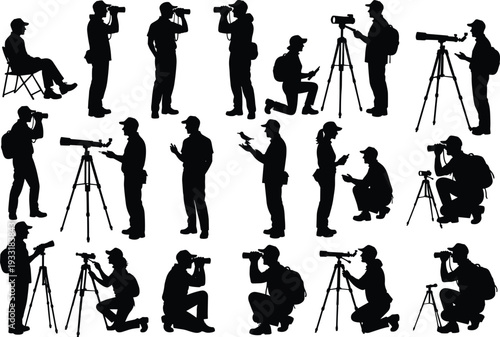Flat vector silhouettes of birdwatchers nature observers with binoculars, cameras, tripods, outdoor activity, wildlife watching, modern minimal artistic illustration