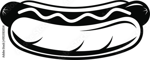Stylized black and white hot dog vector illustration with bun and sausage design, simple food graphic for menu, signage, and culinary projects