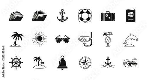 Collection of travel and vacation themed black and white icons and symbols.