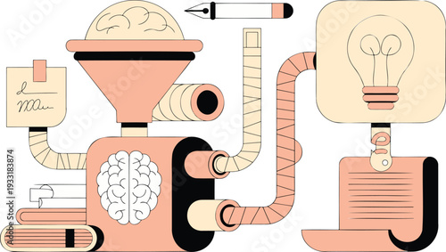 An intricate machine with gears and tubes processing thoughts to generate new ideas and documents