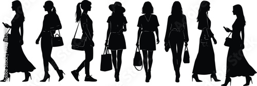 Women fashion silhouette collection, stylish female walking poses with handbags high heels flat vector illustration isolated set