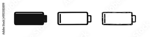 Set of empty battery icons in solid, outline, and hand-drawn doodle styles, no charge.