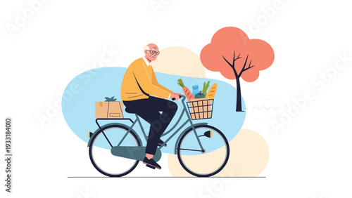 Active senior man riding a bicycle with a basket full of fresh vegetables and bread through a park during autumn.