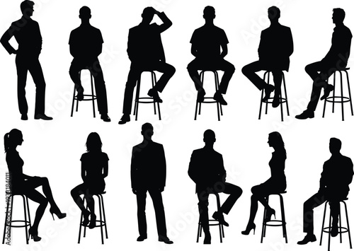 Flat vector silhouettes of diverse people, sitting and standing poses, modern human posture collection, design resource for creative projects