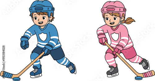 Cartoon Illustration Of A Young Boy And Girl Wearing Full Protective Gear And Helmets Playing Ice Hockey With Sticks And Puck Outlines