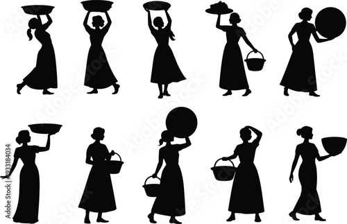 Silhouette of Indian village women in traditional sarees carrying water pots and baskets on their heads and hands isolated on a white background vector