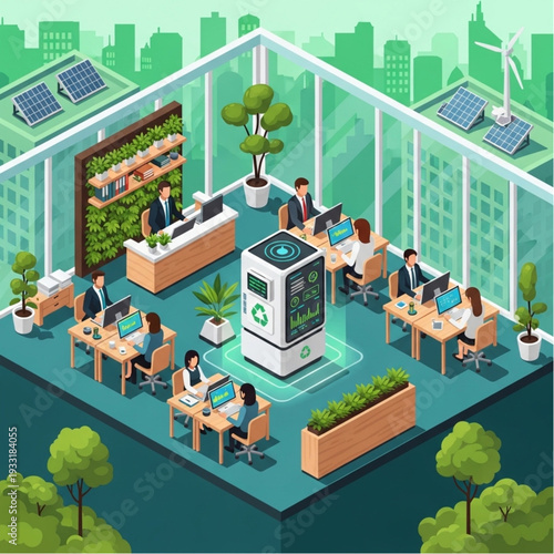Sustainable Office Environment with Renewable Energy and Green Technology.