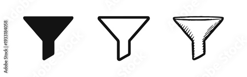 Funnel icons in solid, outline, and hand-drawn doodle styles, symbolizing filter or process.