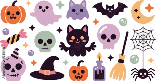 Cute Halloween icons with pumpkins ghosts bats and skulls Keywords: halloween, icons, symbols
