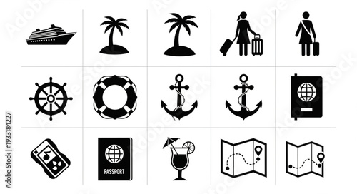 Collection of travel and vacation related icons in black and white style.