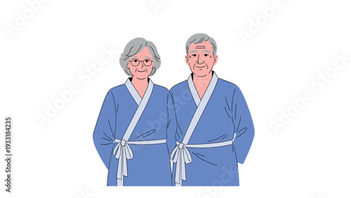 Senior Japanese man and woman standing together wearing matching light blue traditional yukata for a relaxing resort stay.
